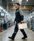 Worker carrying 612-Piece SAE Grade 8 Bolts And Nuts Kit, Heavy Duty Yellow Zinc Plated, in a manufacturing facility.