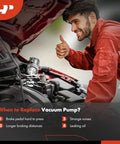 Mechanic inspecting engine with checklist for brake vacuum pump issues, person giving thumbs up beside open car hood.