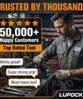 Man in workshop using wrench with super strong grip testimonial in foreground, American flag in background