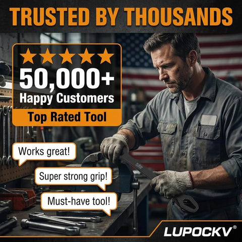 Man in workshop using wrench with super strong grip testimonial in foreground, American flag in background