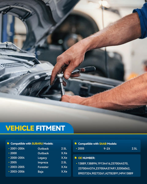 Mechanic installing 90 Amp Alternator Replacement For Subaru And Saab Direct Fit Easy Install Reliable Beefed Up Power Fits Outback 2000 To 2004 Legacy 2000 To 2004 Forester 2003 To 2005 Baja 2003 To 2006 Impreza 2005 And 9 2X OEM 13889N in a car engine bay.