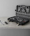 Mechanic's Socket Tool Set With Case, SAE and Metric Sizes, 201-Piece displayed open with tools on surface