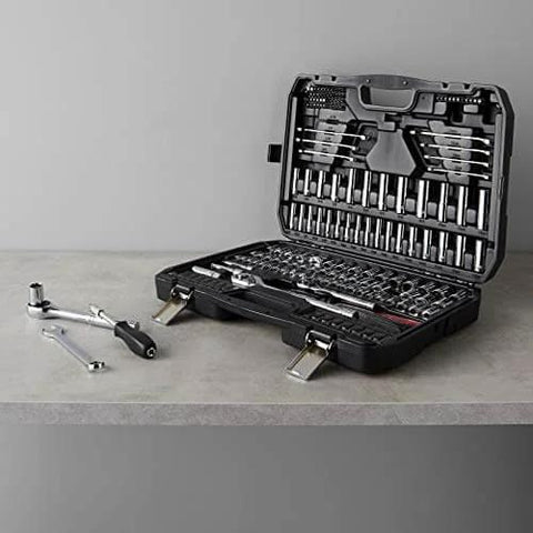 Mechanic's Socket Tool Set With Case, SAE and Metric Sizes, 201-Piece displayed open with tools on surface