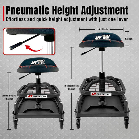 Pneumatic height adjustment on Rolling Shop Stool with Wheels, Garage Work Mechanic Stool with Backrest, Roller Mechanic Chair