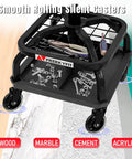 Rolling Shop Stool with Wheels, Garage Work Mechanic Stool with Backrest, Roller Mechanic Chair, Adjustable Height, 360° Swivel shown with tool tray storage on various surfaces.