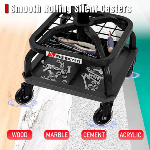 Rolling Shop Stool with Wheels, Garage Work Mechanic Stool with Backrest, Roller Mechanic Chair, Adjustable Height, 360° Swivel shown with tool tray storage on various surfaces.