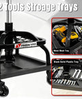 Rolling Shop Stool with Wheels showing metal mesh and solid plastic tool trays, Garage Work Mechanic Stool with Backrest, Roller Mechanic Chair, Adjustable Height, 360° Swivel, Tool Tray Storage, 330 LBS Capacity, Heavy Duty, Black designed for smooth motion and stable alignment in automation.
