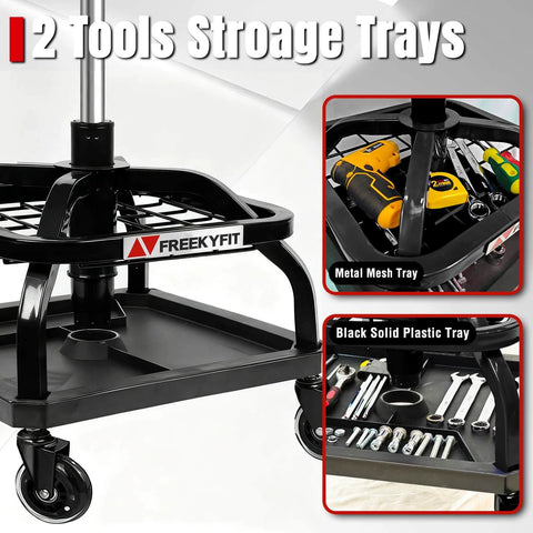 Rolling Shop Stool with Wheels showing metal mesh and solid plastic tool trays, Garage Work Mechanic Stool with Backrest, Roller Mechanic Chair, Adjustable Height, 360° Swivel, Tool Tray Storage, 330 LBS Capacity, Heavy Duty, Black designed for smooth motion and stable alignment in automation.