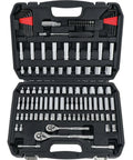 Open case showcasing Beefy Garage-Ready Mechanic Tool Set With 145-Piece Socket Kit and chrome-vanadium steel tools.