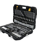 Durable 247-Piece Mechanic Tool Set With One Quarter, Three Eighths, And One Half Inch Drives, SAE Sockets, Ratchets, Hex Keys, And Wrenches in open case