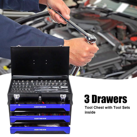 439-Piece Mechanic Tool Set in Heavy-Duty 3-Drawer Steel Box with 4-Tier Socket, Wrenches & Pliers in use for auto repair