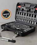 Beefy Garage-Ready Mechanic Tool Set with Case 145-Piece Socket Kit, chrome-vanadium steel, open case view with tools arranged