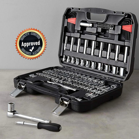 Beefy Garage-Ready Mechanic Tool Set with Case 145-Piece Socket Kit, chrome-vanadium steel, open case view with tools arranged