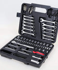 121 Piece Mechanic Tool Set with One Quarter and Three Eighth Inch Drive Sockets, Metric and Standard Wrenches, Bits, Hex Keys