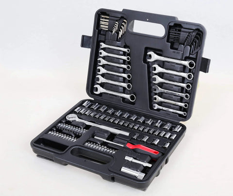 121 Piece Mechanic Tool Set with One Quarter and Three Eighth Inch Drive Sockets, Metric and Standard Wrenches, Bits, Hex Keys