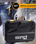 Person holding 159 Piece Tool Set With Storage Case For Mechanic And Car Repair Home Auto Fixes And General DIY Projects