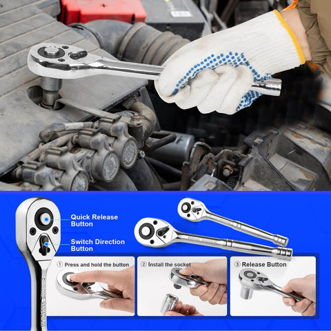 Mechanic using tool from 240-Piece Mechanic Tool Set With Heavy Duty Aluminum Toolbox, Universal Household Auto Repair Kit