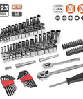 Beefy Garage-Ready Mechanic Tool Set With Case 145-Piece Socket Kit With 1/4, 3/8, 1/2 Inch Drives SAE and Metric Sizes, tools displayed