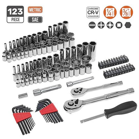 Beefy Garage-Ready Mechanic Tool Set With Case 145-Piece Socket Kit With 1/4, 3/8, 1/2 Inch Drives SAE and Metric Sizes, tools displayed