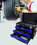 Mechanic using 439-Piece Mechanic Tool Set in Heavy-Duty 3-Drawer Steel Box with 4-Tier Socket, Wrenches & Pliers. Portable in garage.
