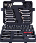 121 Piece Mechanic Tool Set With One Quarter And Three Eighth Inch Drive Sockets, Metric And Standard Wrenches, Bits, Hex Keys