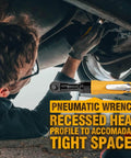 3/8-Inch Air Ratchet Wrench in use under a car, showcasing the professional pneumatic ratchet for auto maintenance and repair work.