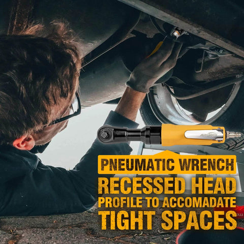 3/8-Inch Air Ratchet Wrench in use under a car, showcasing the professional pneumatic ratchet for auto maintenance and repair work.