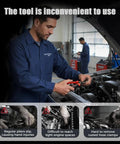 Mechanic using standard pliers on car engine with warning labels about hand injuries and tool inconvenience.