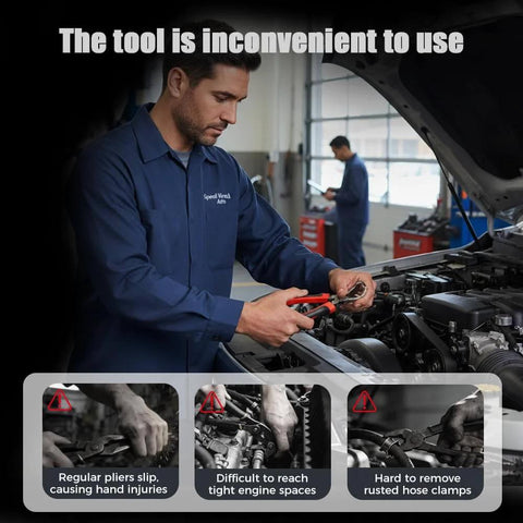 Mechanic using standard pliers on car engine with warning labels about hand injuries and tool inconvenience.
