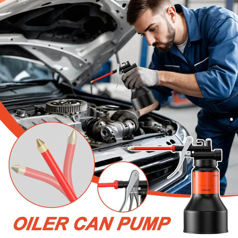 Mechanic using 350ml Hand Pump Oiler Can With Straight Spout High Pressure Lubrication Dispenser For Small Engines