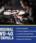 Mechanic using EZ Reach Flexible Straw Multi Use Lubricant For Tight Spaces By WD-40 14.4 Oz Spray Can With 8 Inch Straw on car engine