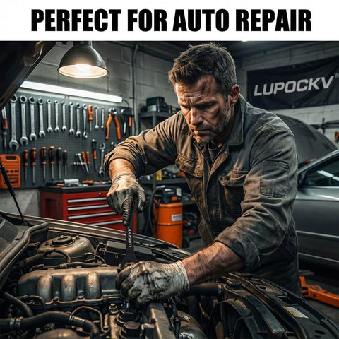 Mechanic using Self Adjusting Universal Wrench Set Double End Tool 8 To 22 Millimeters Multi Size For Automotive Repairs