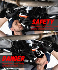 Mechanic using Wrench Extender Tool Bar For Universal Half Inch Drive on vehicle undercarriage, safety and danger illustration