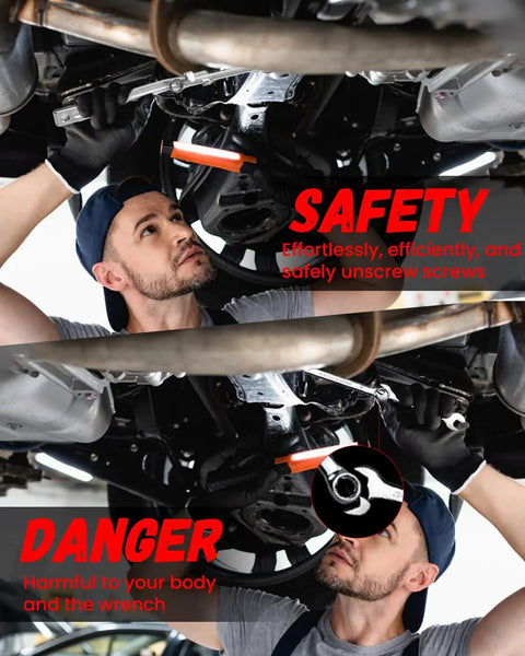 Mechanic using Wrench Extender Tool Bar For Universal Half Inch Drive on vehicle undercarriage, safety and danger illustration