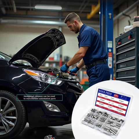 Mechanic working on car, inset of 210 Piece M4 Hex Standoff Spacers Set Carbon Steel Male Female Metric Thread for PCB Prototyping Kit