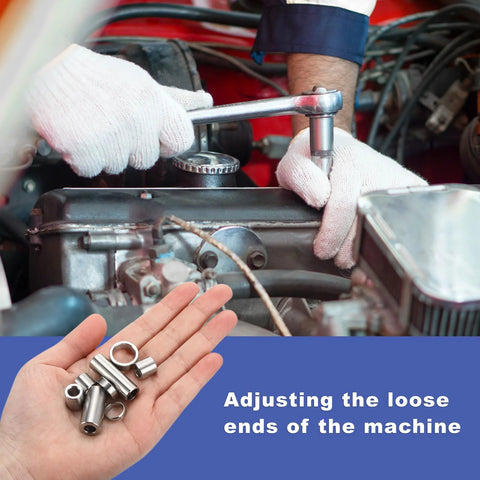Hand holding 32-piece aluminum spacer set with 4mm ID, 7mm OD, and 4mm length, unthreaded standoffs for M4 screws near engine work