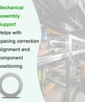 Mechanical assembly support showing spacing correction and alignment with a flat washer shim in use