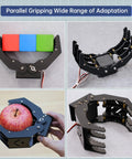 Mechanical Claw Gripper For Robotic Arm DIY Kit With Servo And Tester gripping blocks and an apple, showcasing wave edge design.