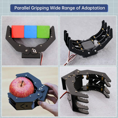 Mechanical Claw Gripper For Robotic Arm DIY Kit With Servo And Tester gripping blocks and an apple, showcasing wave edge design.