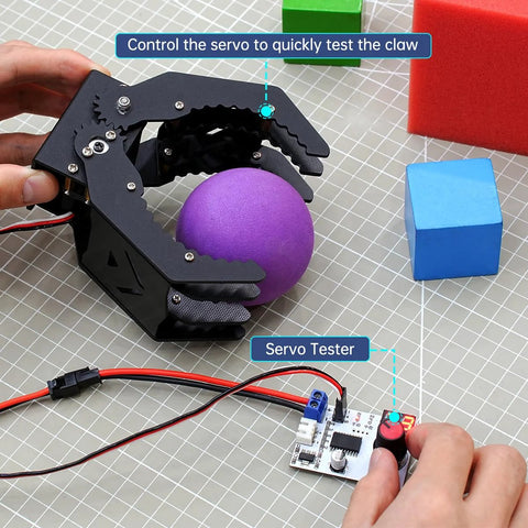 Mechanical Claw Gripper For Robotic Arm DIY Kit With Servo And Tester High Torque Claw Gripper holding purple ball on grid surface