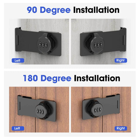 Mechanical Password Rotary Hasp Locks, Cabinet Locks with Combination displayed in 90 and 180 degree installations on surfaces.