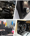Close-up images of mechanical components and an open computer case showing internal hardware and cooling fan.