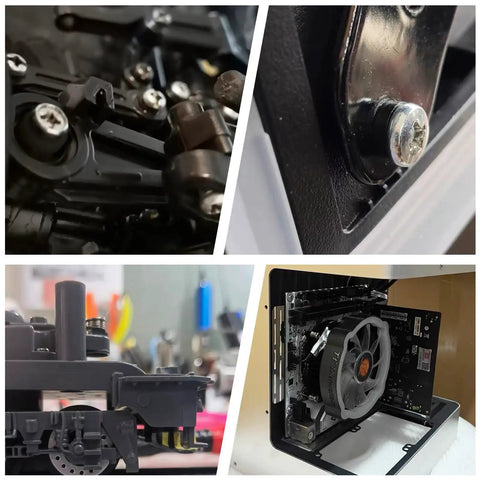 Close-up images of mechanical components and an open computer case showing internal hardware and cooling fan.