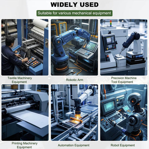 Collage of industrial machinery: textile, robotic arm, precision, printing, automation, and robot equipment across six images.