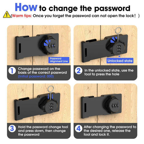 Mechanical Password Rotary Hasp Locks step-by-step password change guide on wooden door, focus on combination dial and latch mechanism