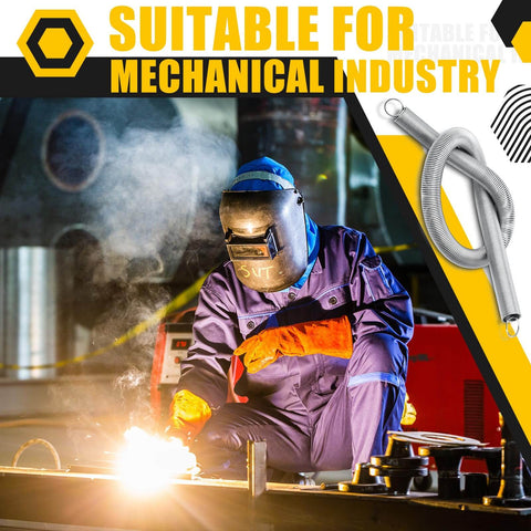 Welder in safety gear working; inset image of Six Pack 11.8 Inch Extension Springs With Dual Hook Ends, 0.31 Inch Wire Diameter And 0.39 Inch Coil.