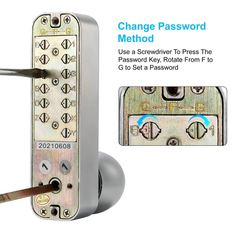 Mechanical Keyless Door Lock No Power Required With Handle Dual Use Password And Key Waterproof Anti Theft Easy To Install Zinc Alloy Construction With Three Layer Plating For Corrosion Resistance Suitable For Garages Hotels Offices And Warehouses backside showing change password method