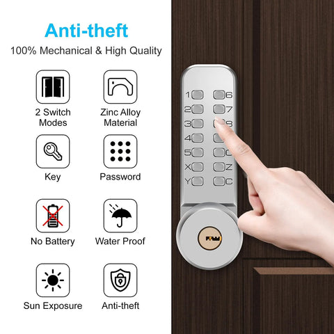 Mechanical Keyless Door Lock No Power Required With Handle Dual Use Password And Key Waterproof Anti Theft Zinc Alloy