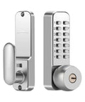Front view of mechanical keyless door lock with handle and numeric keypad, zinc alloy, waterproof, anti-theft, for garages, hotels, offices.