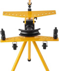 Mechanical and Manual Hydraulic Pipe Bender for 13mm to 34mm pipes with die set, yellow frame, ideal for bending steel and water pipes.